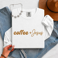 May include a Coffee + Jesus Comfort Colors Long Sleeve Shirt featuring a simple Christian faith and coffee-inspired statement design.