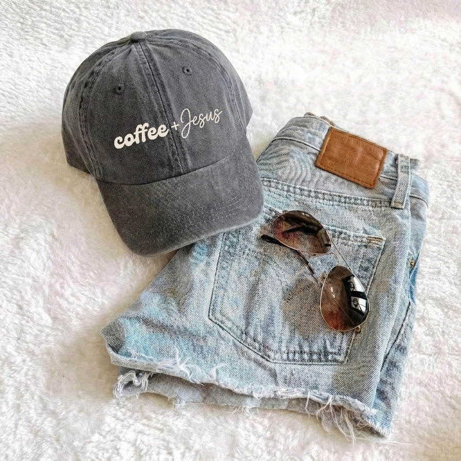 May include a Coffee + Jesus Pigment-Dyed Printed Hat featuring a simple Christian faith and coffee-inspired statement design.