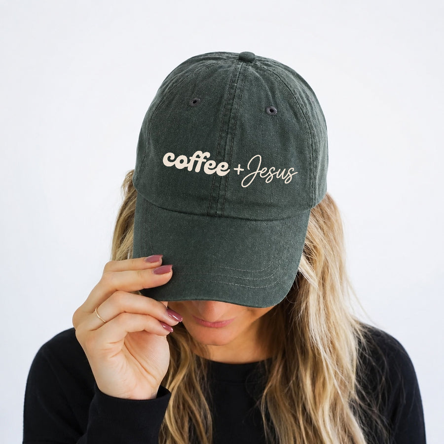 May include a Coffee + Jesus Pigment-Dyed Printed Hat featuring a simple Christian faith and coffee-inspired statement design.
