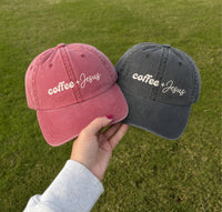 May include a Coffee + Jesus Pigment-Dyed Printed Hat featuring a simple Christian faith and coffee-inspired statement design.