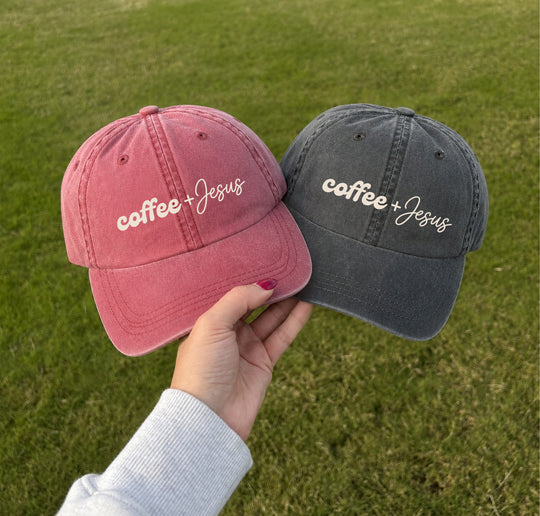May include a Coffee + Jesus Pigment-Dyed Printed Hat featuring a simple Christian faith and coffee-inspired statement design.