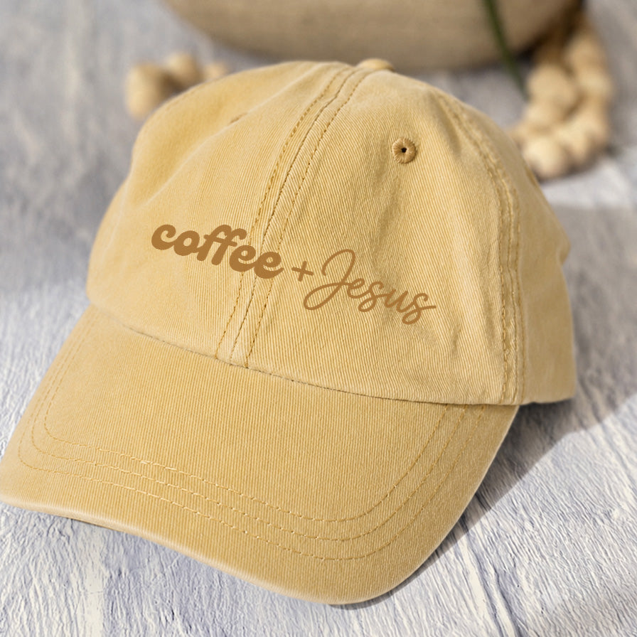 May include a Coffee + Jesus Pigment-Dyed Printed Hat featuring a simple Christian faith and coffee-inspired statement design.