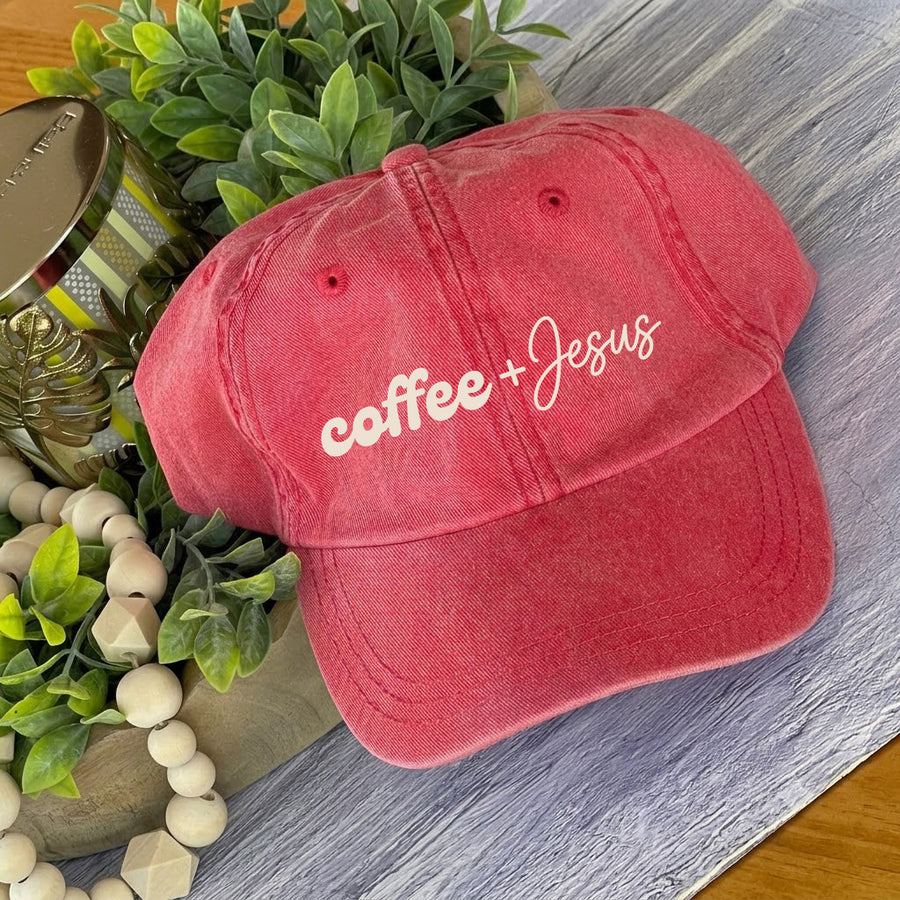 May include a Coffee + Jesus Pigment-Dyed Printed Hat featuring a simple Christian faith and coffee-inspired statement design.