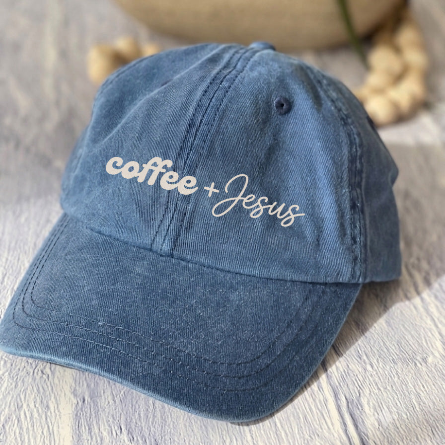 May include a Coffee + Jesus Pigment-Dyed Printed Hat featuring a simple Christian faith and coffee-inspired statement design.