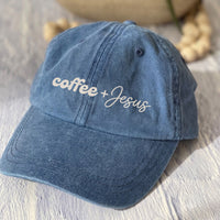 May include a Coffee + Jesus Pigment-Dyed Printed Hat featuring a simple Christian faith and coffee-inspired statement design.