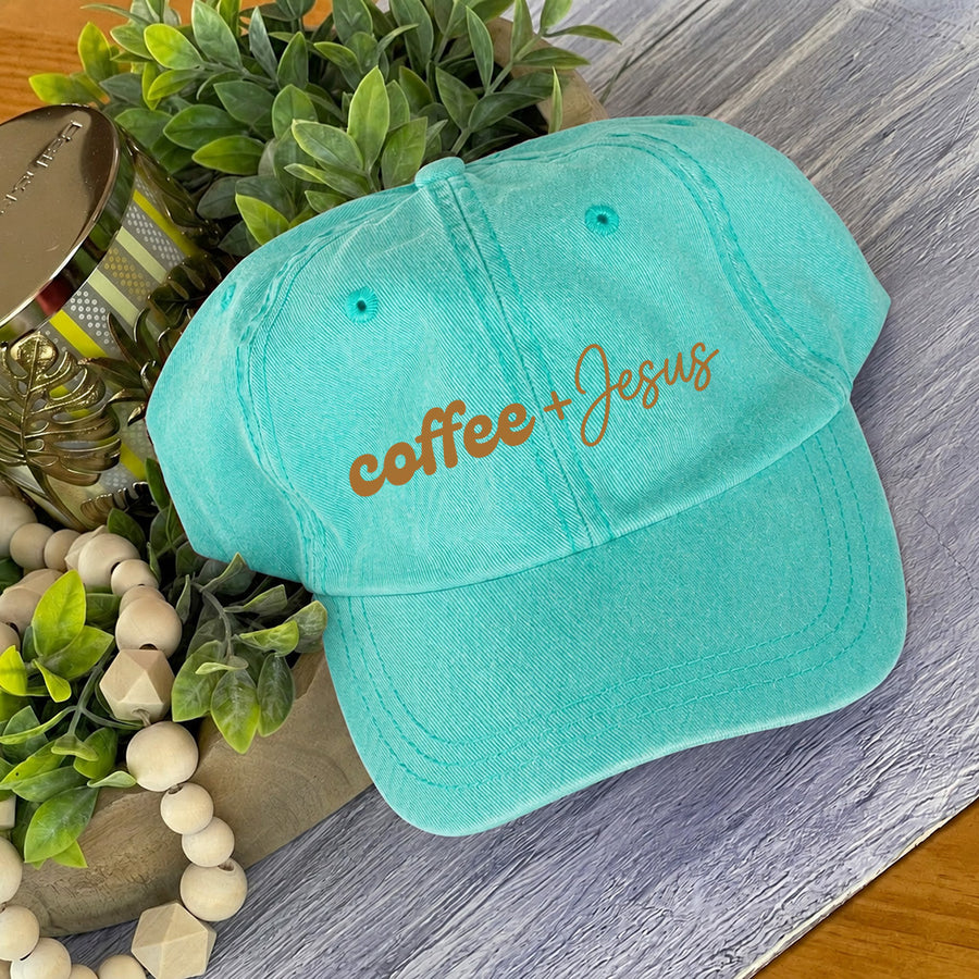 May include a Coffee + Jesus Pigment-Dyed Printed Hat featuring a simple Christian faith and coffee-inspired statement design.