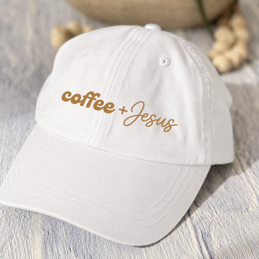 May include a Coffee + Jesus Pigment-Dyed Printed Hat featuring a simple Christian faith and coffee-inspired statement design.