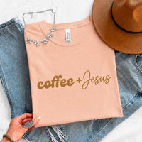 May include a Coffee + Jesus T-Shirt featuring a simple Christian faith and coffee-inspired statement design on a casual short-sleeve tee.
