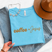 May include a Coffee + Jesus T-Shirt featuring a simple Christian faith and coffee-inspired statement design on a casual short-sleeve tee.