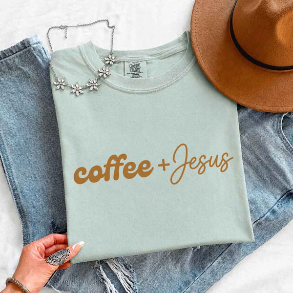 May include Coffee + Jesus Comfort Colors short sleeve faith and coffee lover graphic tee with relaxed fit design