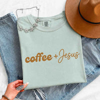 May include Coffee + Jesus Comfort Colors short sleeve faith and coffee lover graphic tee with relaxed fit design