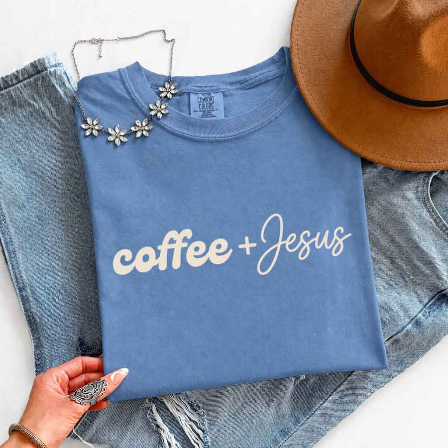 May include Coffee + Jesus Comfort Colors short sleeve faith and coffee lover graphic tee with relaxed fit design
