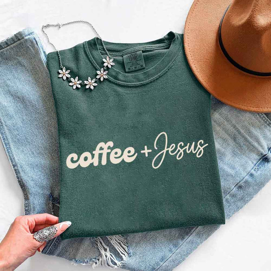May include Coffee + Jesus Comfort Colors short sleeve faith and coffee lover graphic tee with relaxed fit design