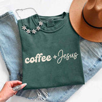 May include Coffee + Jesus Comfort Colors short sleeve faith and coffee lover graphic tee with relaxed fit design