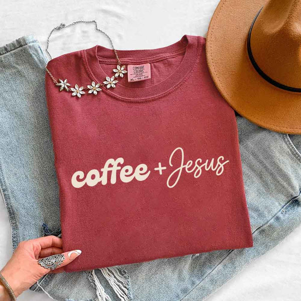 May include Coffee + Jesus Comfort Colors short sleeve faith and coffee lover graphic tee with relaxed fit design