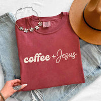 May include Coffee + Jesus Comfort Colors short sleeve faith and coffee lover graphic tee with relaxed fit design
