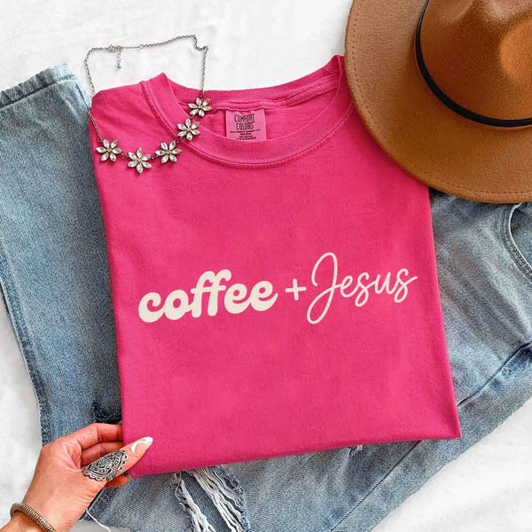 May include Coffee + Jesus Comfort Colors short sleeve faith and coffee lover graphic tee with relaxed fit design
