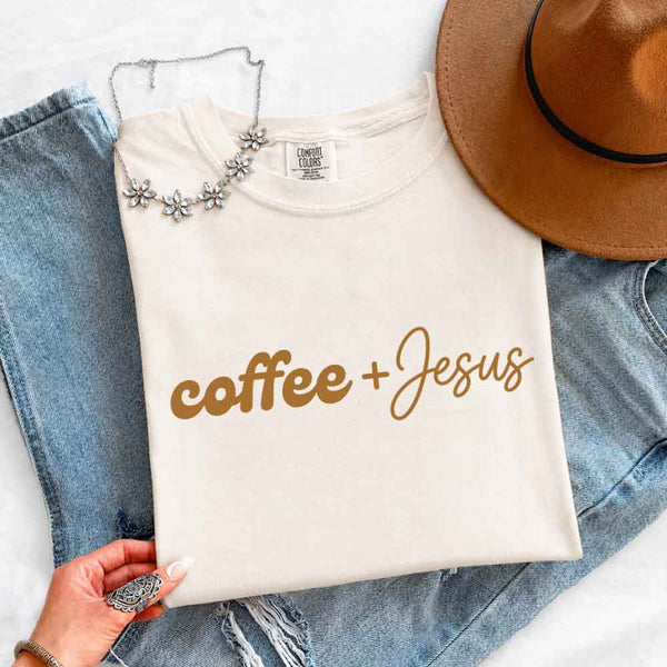 May include Coffee + Jesus Comfort Colors short sleeve faith and coffee lover graphic tee with relaxed fit design