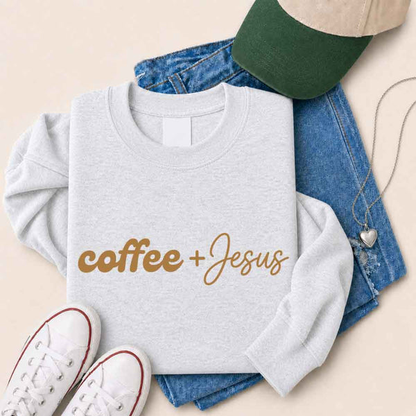May include Coffee + Jesus sweatshirt with relaxed fit faith and coffee lover graphic design