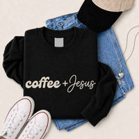 May include Coffee + Jesus sweatshirt with relaxed fit faith and coffee lover graphic design