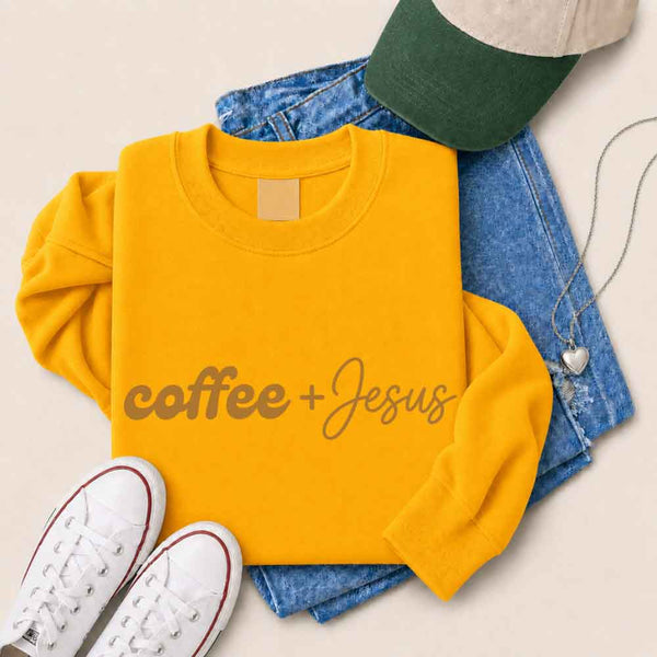 May include Coffee + Jesus sweatshirt with relaxed fit faith and coffee lover graphic design