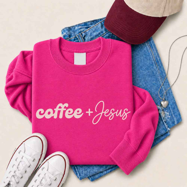 May include Coffee + Jesus sweatshirt with relaxed fit faith and coffee lover graphic design