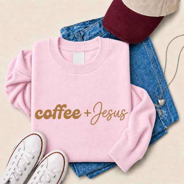 May include Coffee + Jesus sweatshirt with relaxed fit faith and coffee lover graphic design