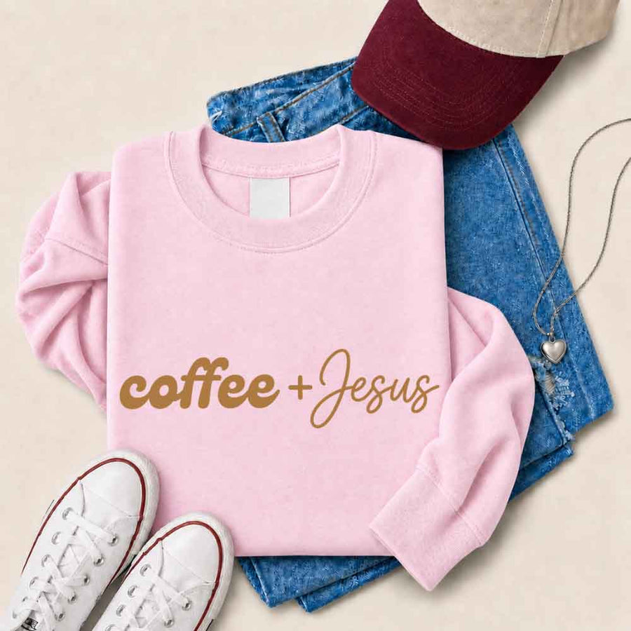 May include Coffee + Jesus sweatshirt with relaxed fit faith and coffee lover graphic design