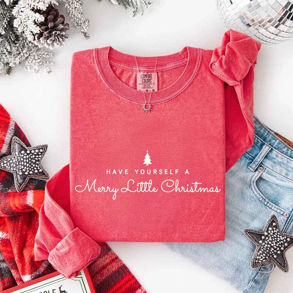 May include a Comfort Colors long sleeve shirt featuring the phrase “Have Yourself a Merry Christmas” in festive print, displayed flat with soft cotton texture and seasonal tones.
