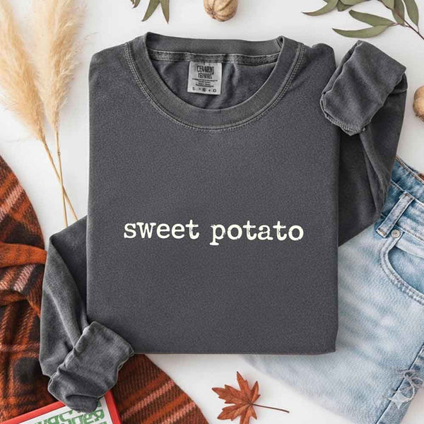 May include a pair of matching fall-themed couple longsleeve shirts from Comfort Colors featuring playful “Sweet Potato” and “Rude Potato” designs. The shirts are styled with humorous graphics or text in warm autumn tones, perfect for couples celebrating the season with a lighthearted touch.