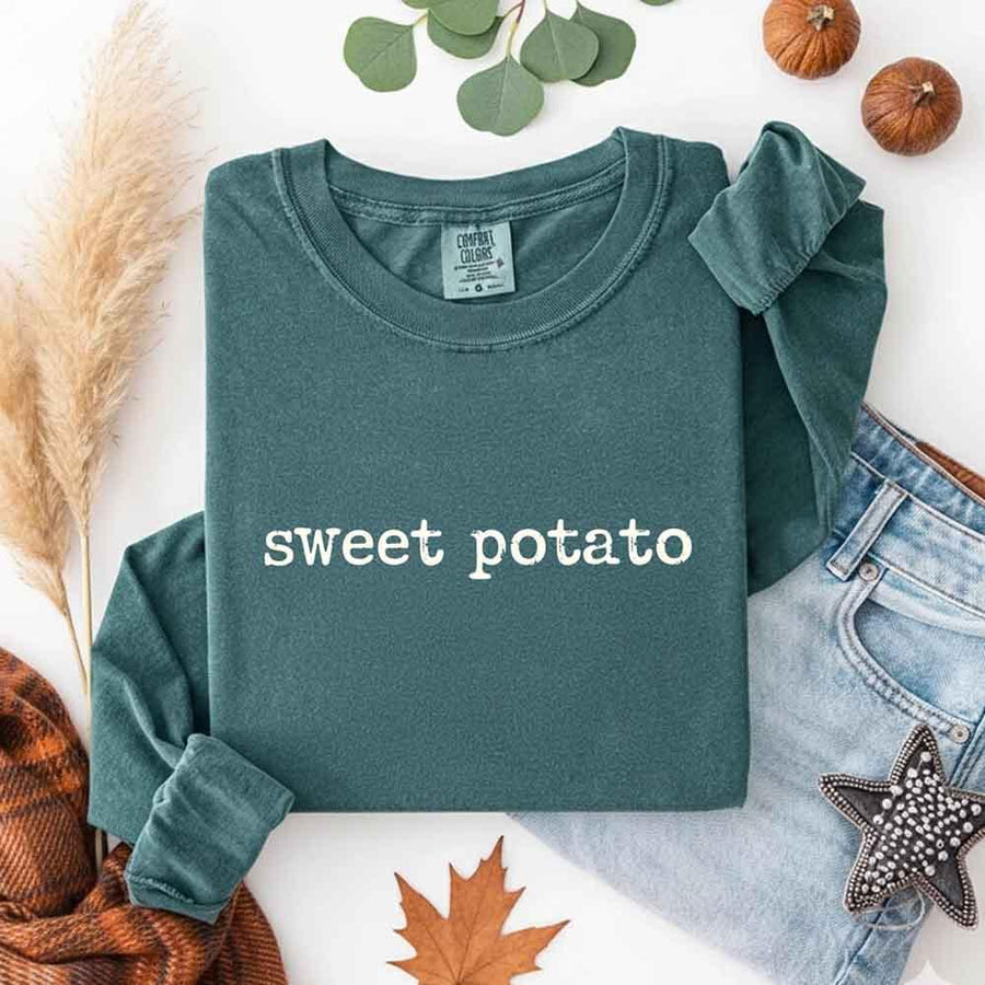 May include a pair of matching fall-themed couple longsleeve shirts from Comfort Colors featuring playful “Sweet Potato” and “Rude Potato” designs. The shirts are styled with humorous graphics or text in warm autumn tones, perfect for couples celebrating the season with a lighthearted touch.