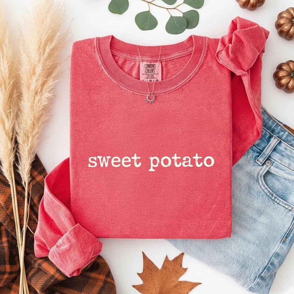 May include a pair of matching fall-themed couple longsleeve shirts from Comfort Colors featuring playful “Sweet Potato” and “Rude Potato” designs. The shirts are styled with humorous graphics or text in warm autumn tones, perfect for couples celebrating the season with a lighthearted touch.