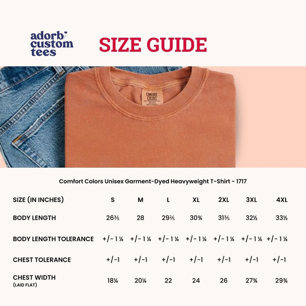 Size guide for a brown t-shirt with denim jeans on a light pink background, featuring Adorb Custom Tees branding.