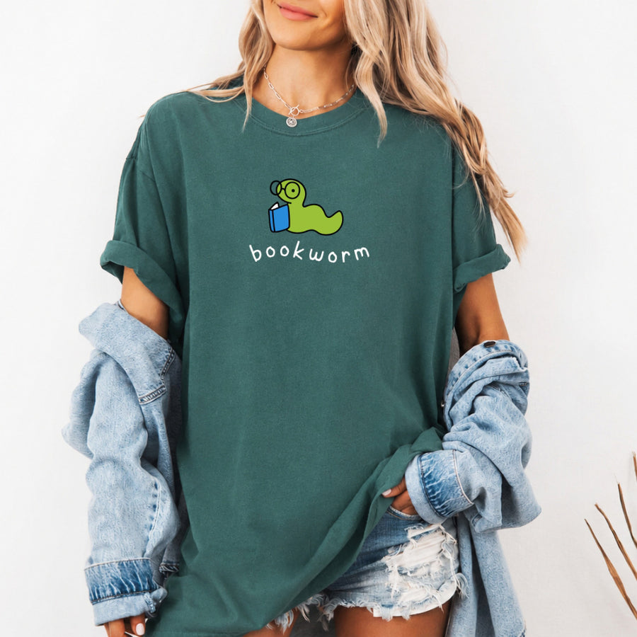 May include Bookworm Comfort Colors unisex t-shirt with book lover graphic, relaxed fit, and soft garment-dyed cotton