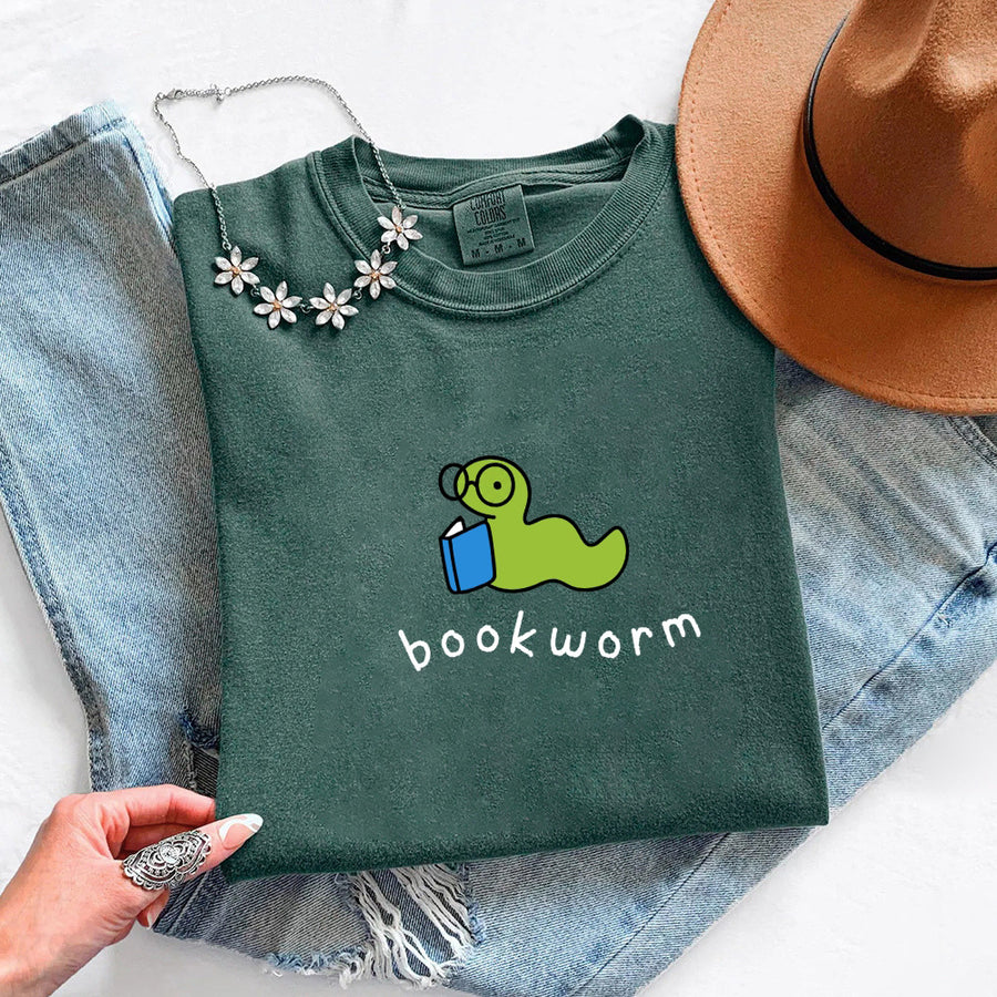 May include Bookworm Comfort Colors unisex t-shirt with book lover graphic, relaxed fit, and soft garment-dyed cotton