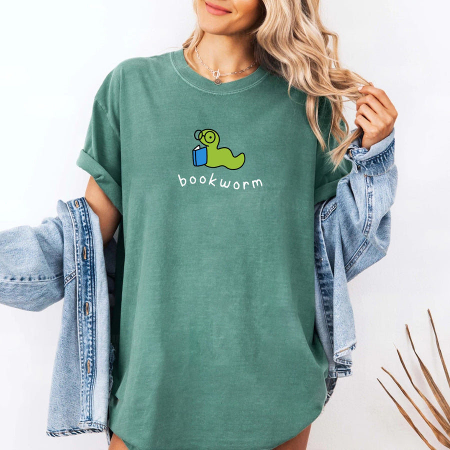 May include Bookworm Comfort Colors unisex t-shirt with book lover graphic, relaxed fit, and soft garment-dyed cotton