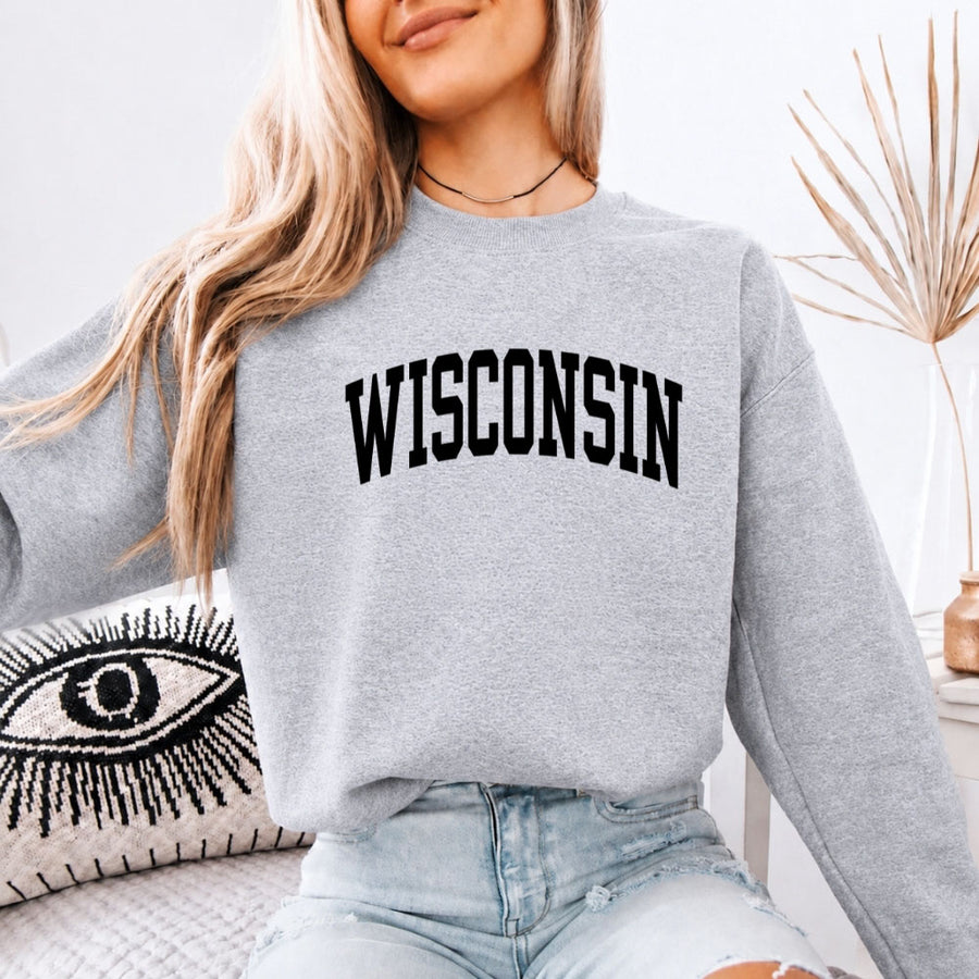May include Wisconsin crewneck unisex sweatshirt with state-inspired graphic, soft fleece fabric, and classic relaxed fit