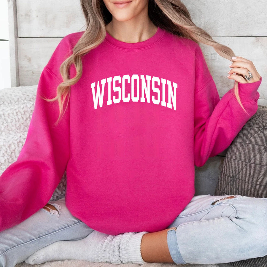 May include Wisconsin crewneck unisex sweatshirt with state-inspired graphic, soft fleece fabric, and classic relaxed fit