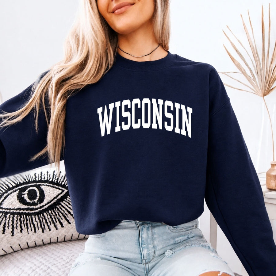 May include Wisconsin crewneck unisex sweatshirt with state-inspired graphic, soft fleece fabric, and classic relaxed fit