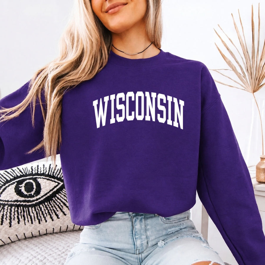 May include Wisconsin crewneck unisex sweatshirt with state-inspired graphic, soft fleece fabric, and classic relaxed fit