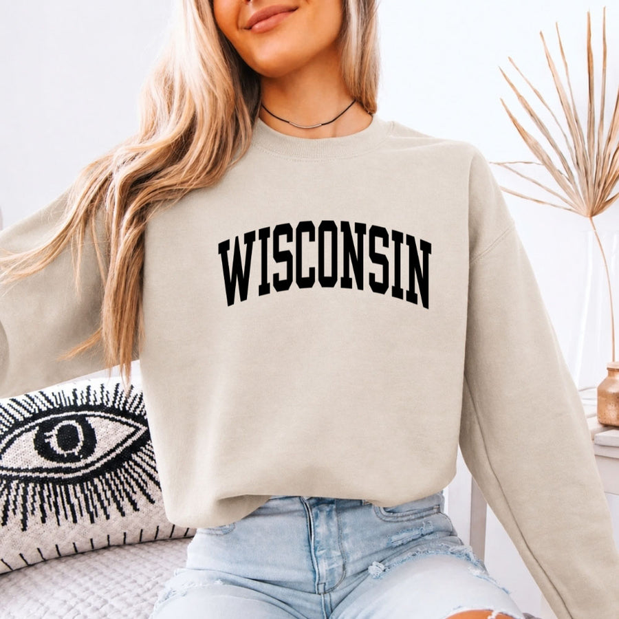 May include Wisconsin crewneck unisex sweatshirt with state-inspired graphic, soft fleece fabric, and classic relaxed fit
