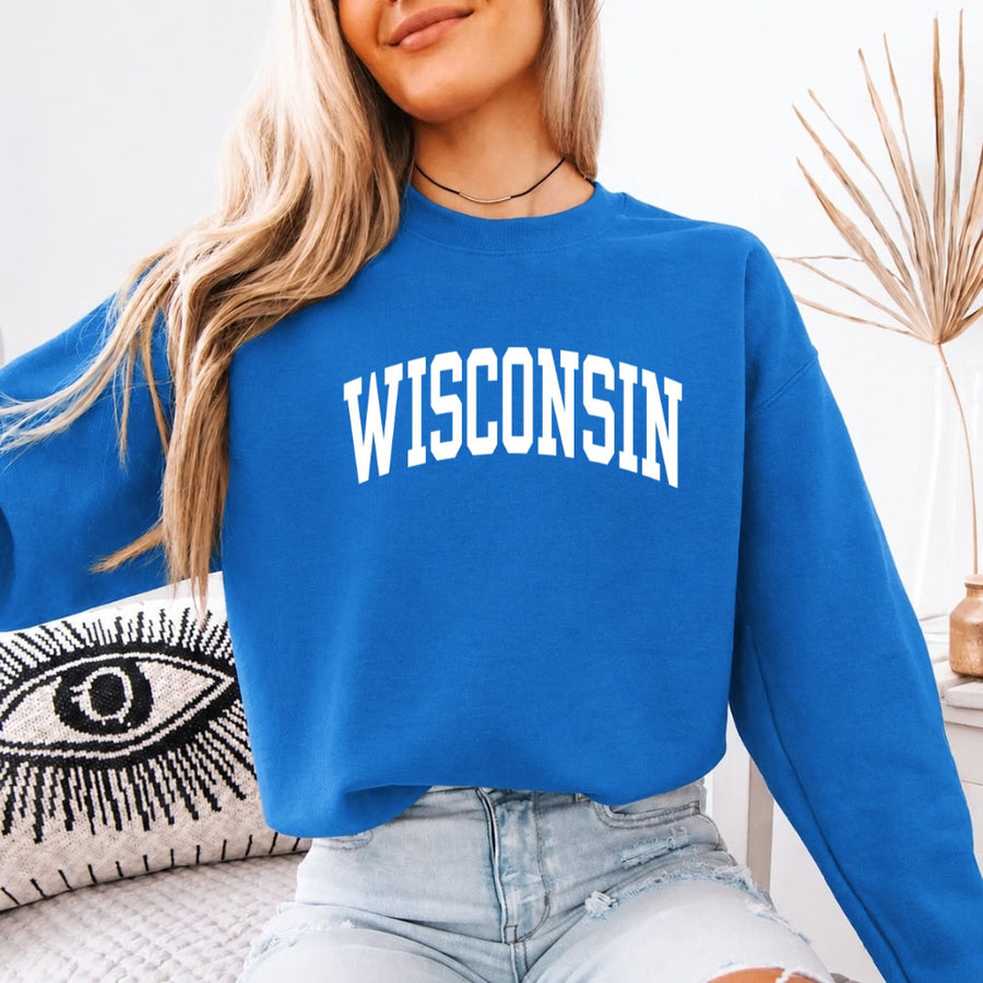 May include Wisconsin crewneck unisex sweatshirt with state-inspired graphic, soft fleece fabric, and classic relaxed fit