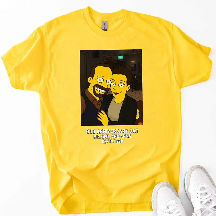 May include a custom couples t-shirt featuring an uploaded photo transformed with an AI art effect, styled as a personalized anniversary gift.