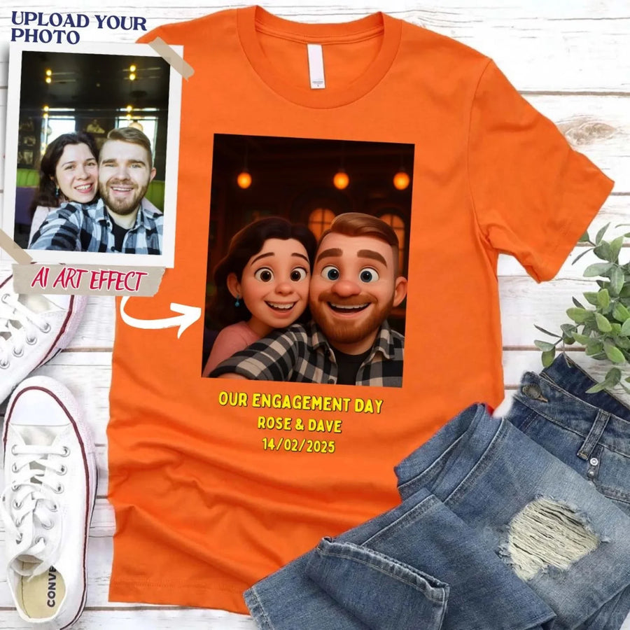 May include a custom couples t-shirt featuring an uploaded photo transformed with an AI art effect, styled as a personalized anniversary gift.