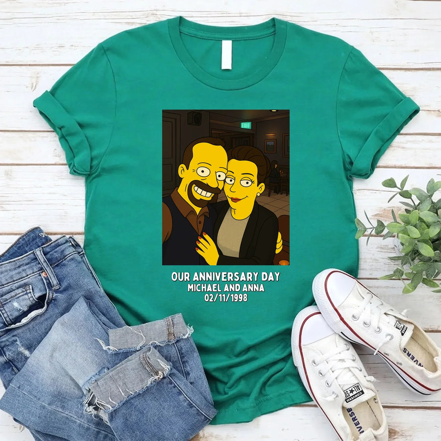 May include a custom couples t-shirt featuring an uploaded photo transformed with an AI art effect, styled as a personalized anniversary gift.
