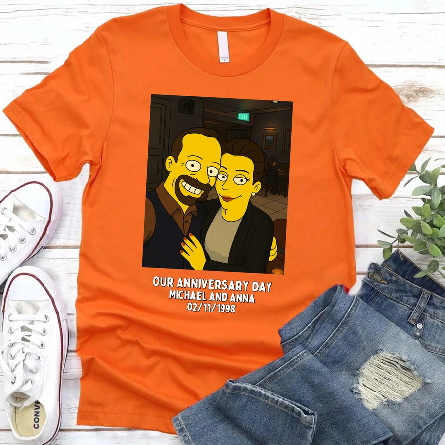 May include a custom couples t-shirt featuring an uploaded photo transformed with an AI art effect, styled as a personalized anniversary gift.
