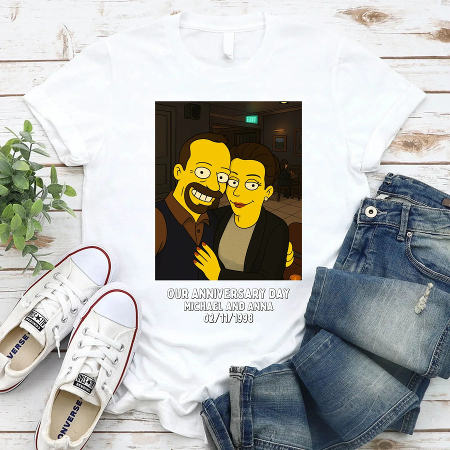 May include a custom couples t-shirt featuring an uploaded photo transformed with an AI art effect, styled as a personalized anniversary gift.