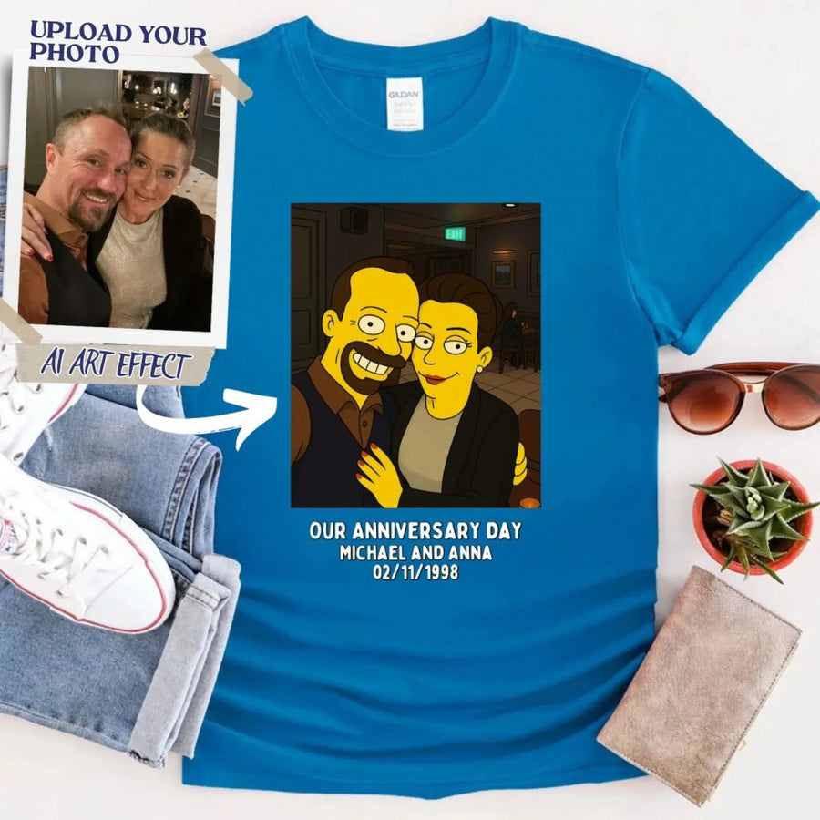 May include a custom couples t-shirt featuring an uploaded photo transformed with an AI art effect, styled as a personalized anniversary gift.