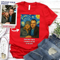 May include a custom couples t-shirt featuring an uploaded photo transformed with an AI art effect, styled as a personalized anniversary gift.