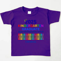May include colorful text that reads “2025 KINDERGARTEN GRADUATE Stone Hill Elementary School” with a graduation cap over the number “2.” The word "KINDERGARTEN" is in rainbow colors, and the image features a row of multicolored crayons, celebrating a young student’s graduation.